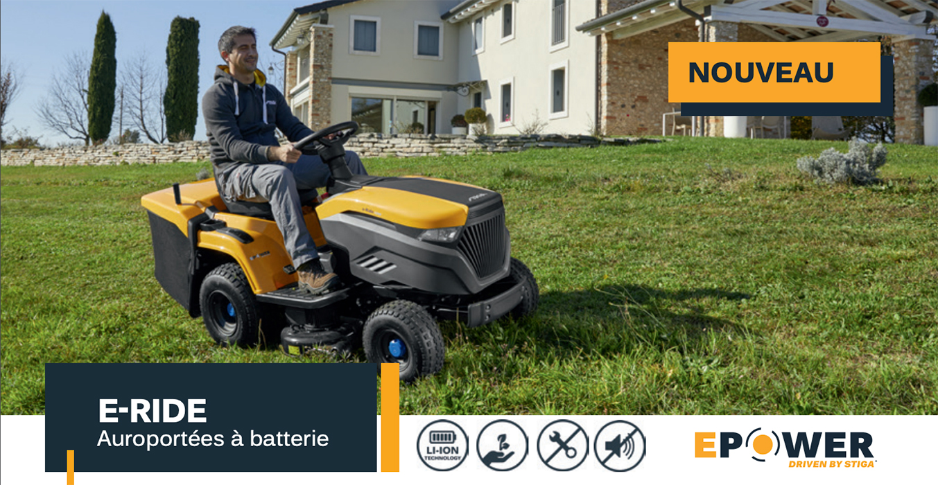 Auto portée E-Ride entretien de la pelouse Motoculture Service Parizot